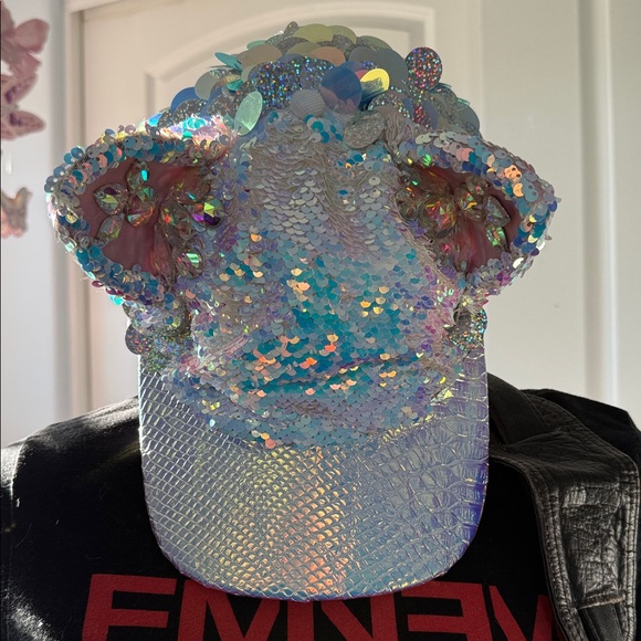 JACKALOPE LAND rave iridescent holographic sequin cat ear baseball cap OS
